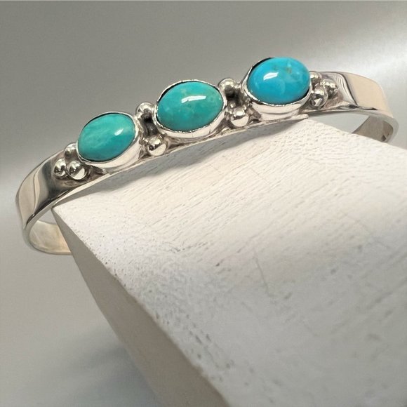 E Jackson Signed Sterling Silver 925 Cuff Bracelet Genuine Blue Green Turquoise - Picture 3 of 12